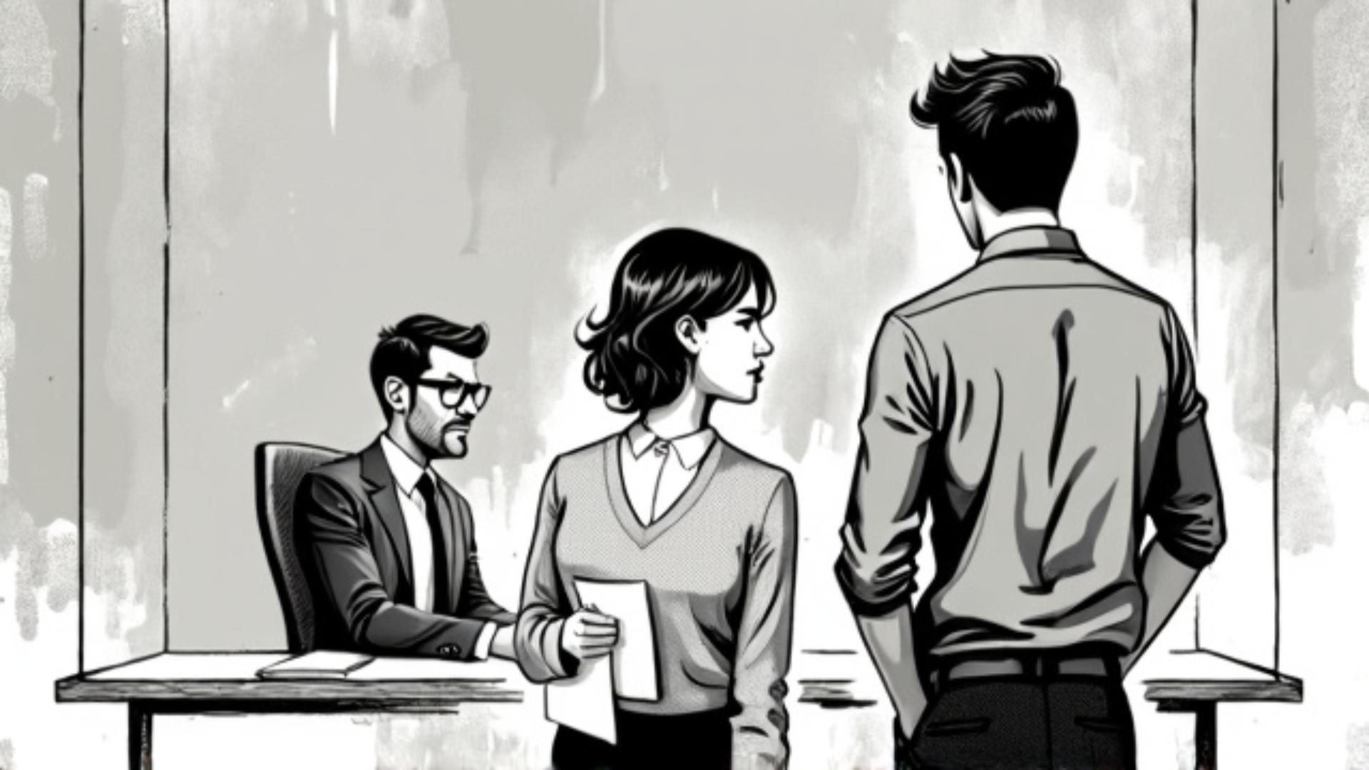 couple in a bank office in front of manager, storyboard sketch style