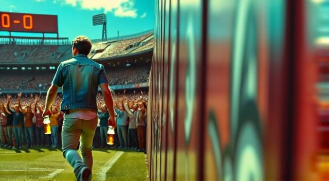 at soccer game stadium realistic a man is holding beers walking to his place at the stadium, the crowd is jumping for a goal infront of the man and he can't see the stadium, realistic