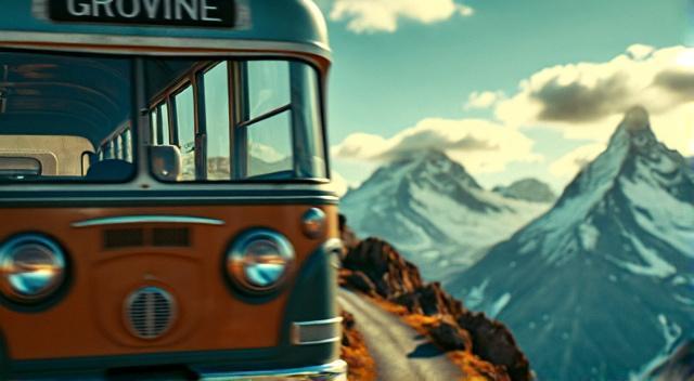 bus on a high road with moutain on the background 