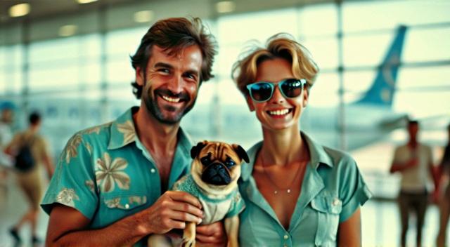 father mother son and pug at the airport wearing beach outfit