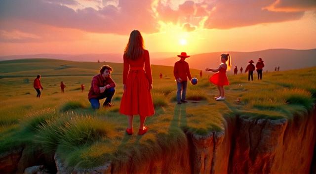 Landscape with people in red clothes
