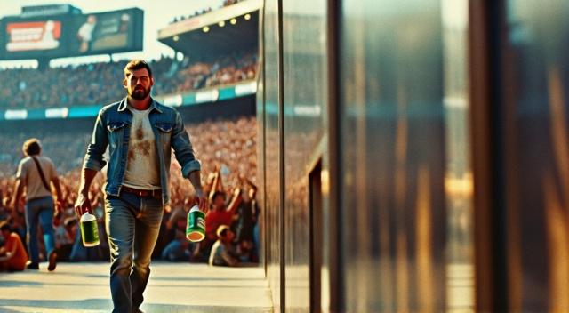 at soccer game stadium realistic a man is holding beers walking to his place at the stadium, the crowd is jumping for a goal infront of the man and he can't see the stadium, realistic