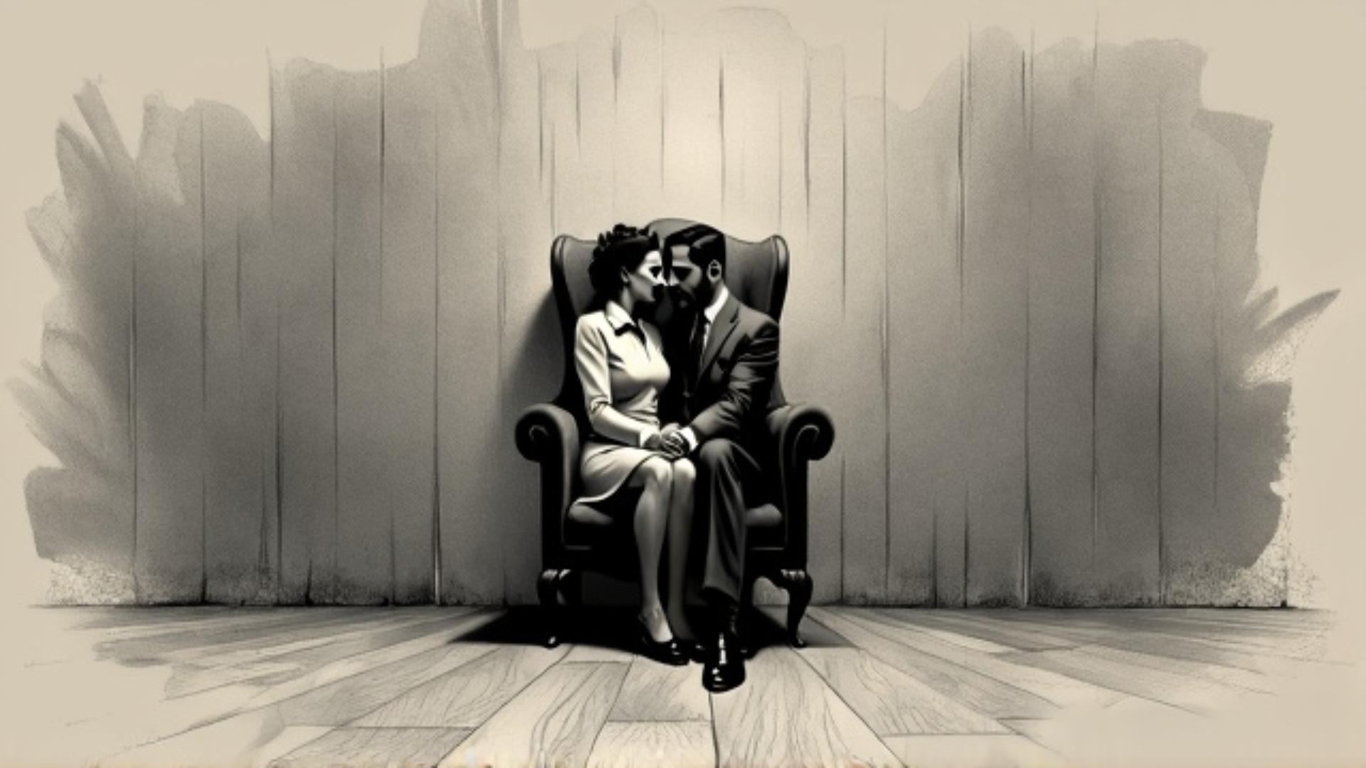 couple sitting on chair in a bank office