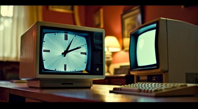 Clock white on the table with computer