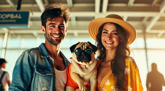 Asian family from Kazakhstan (father mother son and pug) at the airport wearing beach outfit