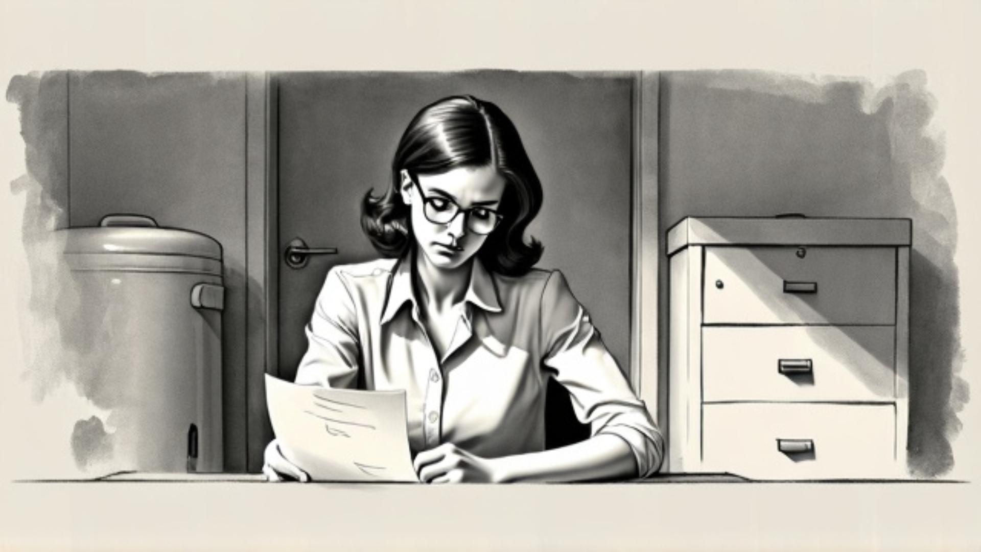 nice young manager in glasses at bank office, storyboard style raw