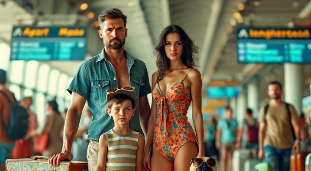 kazakh father mother son and pug at the airport wearing beach outfit