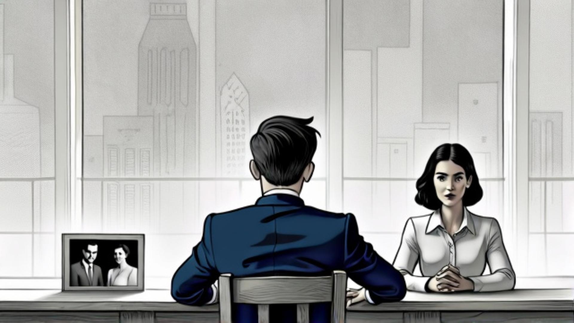 man and woman in a bank office, storyboard sketch style