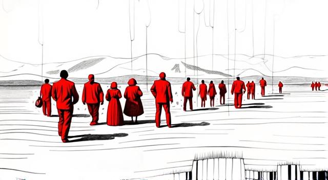 Landscape with people in red clothes