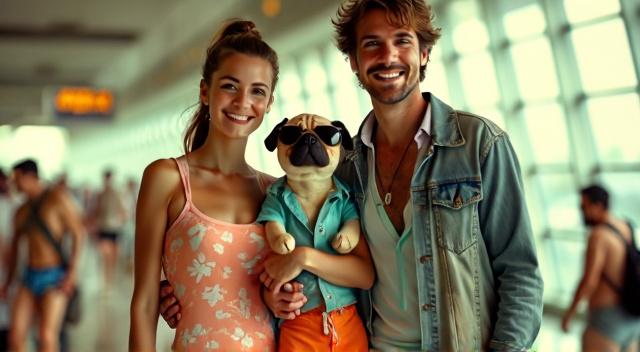 Family from Kazakhstan (father mother son and pug) at the airport wearing beach outfit