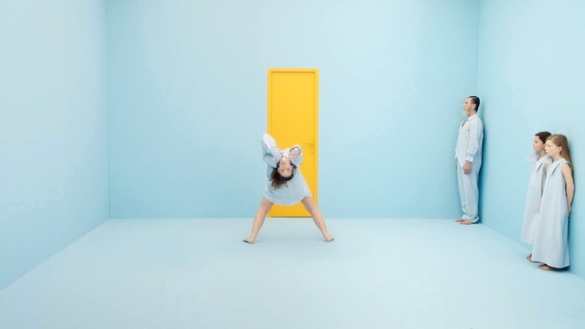 Video Reference N21: White, Yellow, Blue, Room, Sitting, Floor, Photography, Stock photography, Art, Flooring