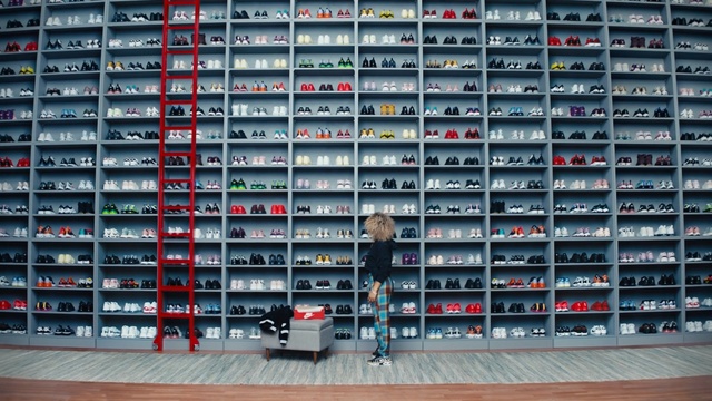 Video Reference N0: Shelf, Shelving, Collection, Footwear, Wall, Furniture, Shoe, Technology, Building, Sitting, Front, Filled, Full, Library, Parked, Large, Lot, Bus, Red, Computer, Parking, Street, Group, Standing, Text
