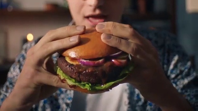 Video Reference N1: Junk food, Hamburger, Cheeseburger, Fast food, Food, Buffalo burger, Veggie burger, Eating, Sandwich, Dish