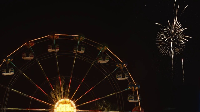 Video Reference N2: Ferris wheel, Night, Tourist attraction, Wheel, Recreation, Amusement ride, Amusement park, Midnight, Fireworks, Event