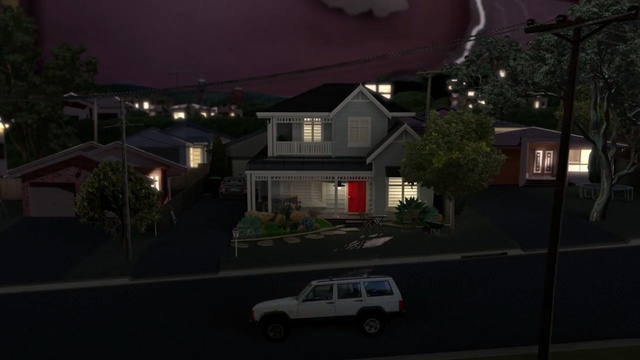 Video Reference N2: Residential area, Property, House, Sky, Mode of transport, Night, Lighting, Architecture, Car, Vehicle