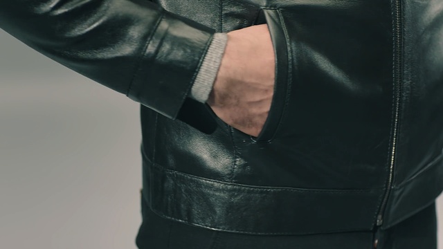 Video Reference N2: leather, jacket, leather jacket, textile, pocket, material, product, Person