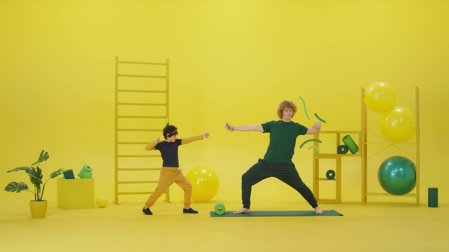 Video Reference N1: Yellow, Standing, Physical fitness, Joint, Arm, Shoulder, Balance, Fun, Aerobics, Room