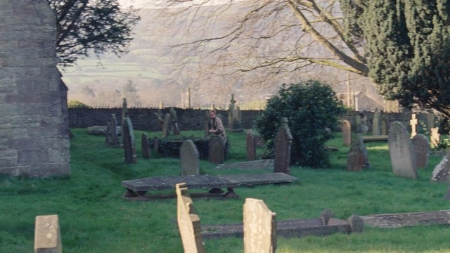 Video Reference N1: cemetery, tree, grave, grass, headstone, landscape, village, woodland, Person
