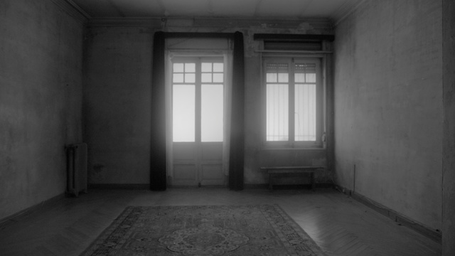 Video Reference N0: White, Black, Property, Room, Black-and-white, Building, Monochrome, Daylighting, Floor, Architecture, Window, Indoor, Sitting, Photo, Door, View, Small, Bench, Old, Kitchen, Large, Living, Sink, Bed, Man, Tub, Stove, Bedroom, Standing, Black and white, House, Abandoned, Tile, Tiled