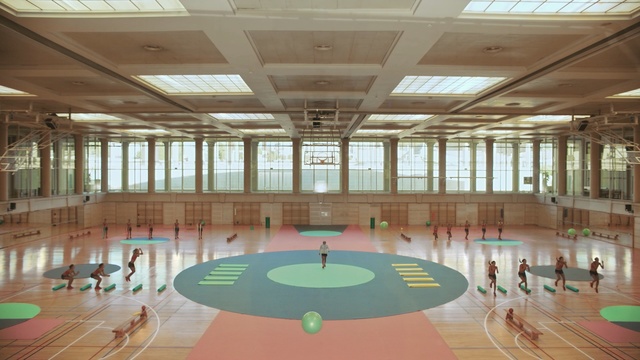 Video Reference N2: sport venue, leisure centre, structure, leisure, function hall, ceiling, indoor games and sports, daylighting, floor, interior design, Person