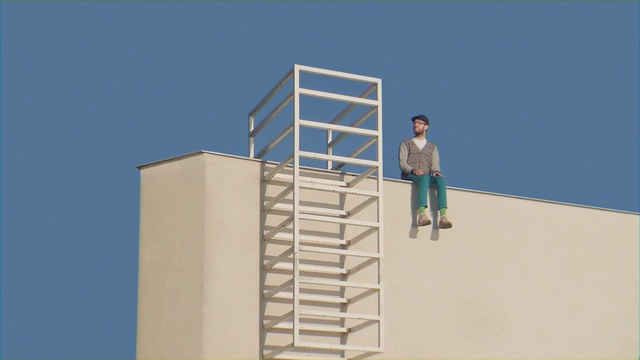 Video Reference N3: Stairs, Architecture, Ladder, Facade, Building, Outdoor, Man, Standing, Small, Shirt, Riding, Large, Woman, Young, Jumping, Clock, Holding, Flying, Tall, Board, Air, White, Tower, Table, Person, Clothing, Sky, Footwear