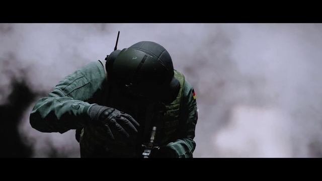 Video Reference N4: Soldier, Gun, Firearm, Personal protective equipment, Photography, Headgear, Darkness, Military, Airsoft, Screenshot, Person, Man, Photo, Wearing, Board, Doing, Holding, Green, Trick, Air, Flying, Riding, Snow, Standing, Helmet, Weapon