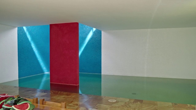 Video Reference N6: Floor, Wall, Turquoise, Room, Ceiling, Flooring, Architecture, Interior design, Material property, Wood