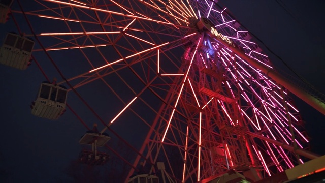 Video Reference N1: ferris wheel, tourist attraction, structure, light, recreation, amusement ride, lighting, amusement park, electricity, metropolis, Person