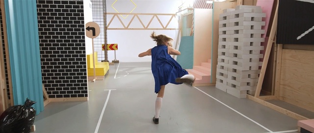 Video Reference N5: blue, room, shoulder, dress, girl, fashion, joint, flooring, floor, recreation, Person