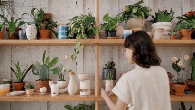 Video Reference N0: Flowerpot, Houseplant, Plant, Shelf, Herb, Flower, Shelving, Room, Fines herbes, Interior design, Person