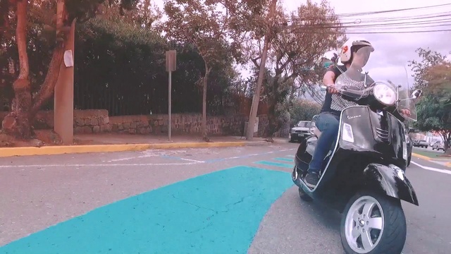 Video Reference N1: Land vehicle, Vehicle, Scooter, Mode of transport, Motor vehicle, Asphalt, Wheel, Automotive tire, Automotive wheel system, Car