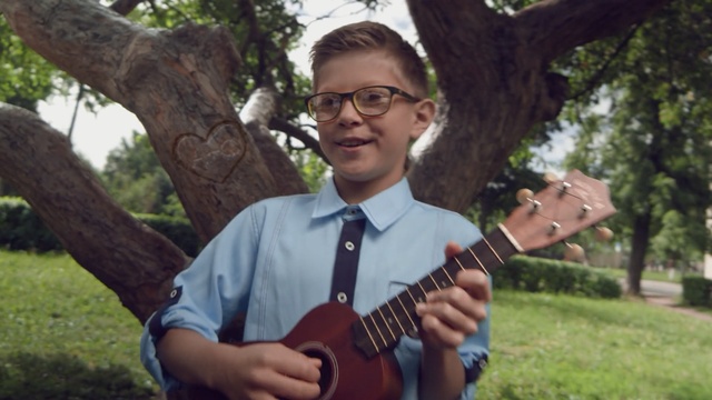 Video Reference N0: tree, glasses, plant, vision care, guitar, plucked string instruments, musician, grass, smile, musical instrument, Person