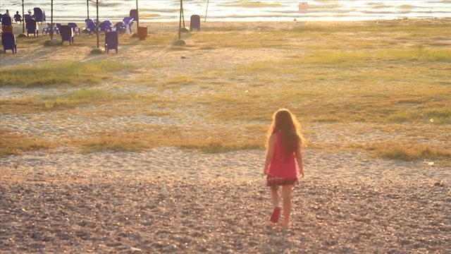 Video Reference N0: sand, girl, sunlight, grass, summer, vacation, ecoregion, sky, landscape, grass family, Person
