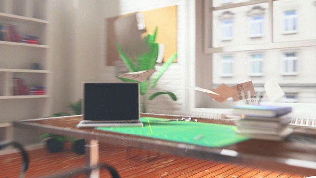 Video Reference N2: Green, Room, Property, Furniture, Table, Interior design, Desk, Office, Building, Computer desk