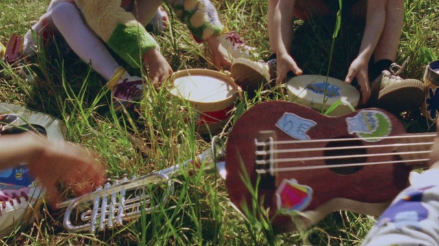 Video Reference N0: String instrument, Guitar, Musical instrument, Plucked string instruments, Grass, Ukulele, Cavaquinho, Acoustic guitar, Plant, Person, Outdoor, Food, Woman, Sitting, Little, Eating, Child, Table, Small, Girl, Cake, Young, Plate, Holding, Bowl, Standing, Field, People, Dog, Group, Sandwich, Pizza, Man, Salad, Playing, White, Sheep, Game, Drum