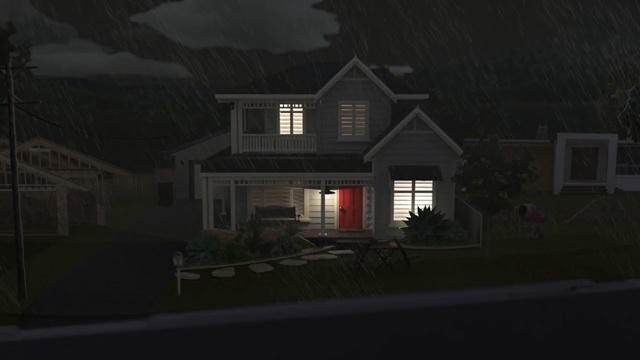 Video Reference N3: Home, House, Black, Residential area, Property, Light, Lighting, Sky, Atmospheric phenomenon, Roof