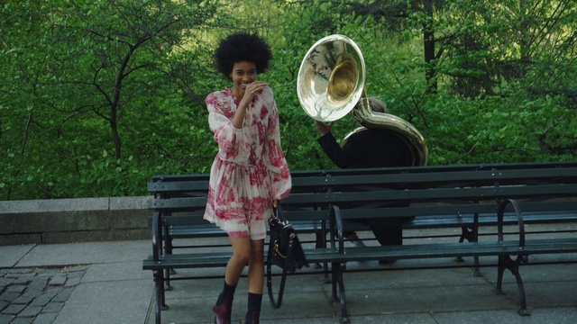 Video Reference N8: Musical instrument, Brass instrument, Wind instrument, Sousaphone, Euphonium, Bench, Outdoor, Person, Park, Fence, Sitting, Young, Girl, Front, Little, Wooden, Man, Holding, White, Woman, Red, Tree, Ground, Fashion accessory, Clothing, Footwear, Dress