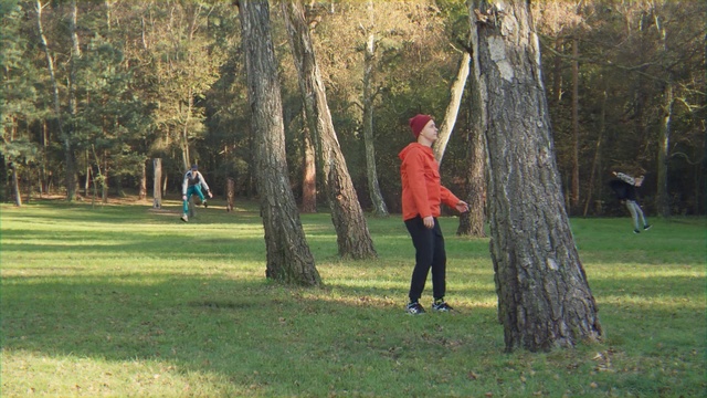 Video Reference N0: Tree, Woody plant, Trunk, Recreation, Plant, Park, Grove, Person, Grass, Outdoor, Playing, Field, Man, Throwing, Frisbee, Young, Grassy, Game, Green, Standing, Flying, Woman, People, Boy, Red, Group, Holding, Walking, Large, Catch, White, Ball, Air, Playground