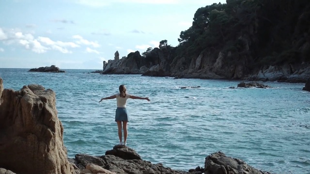 Video Reference N2: sea, coast, coastal and oceanic landforms, body of water, ocean, promontory, rock, shore, sky, beach, Person