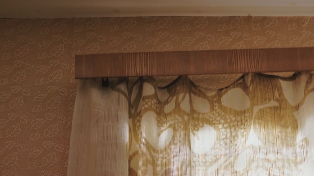 Video Reference N2: Curtain, Window treatment, Interior design, Window covering, Wood, Wood stain, Wall, Hardwood, Plywood, Textile