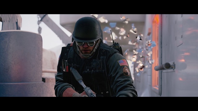 Video Reference N5: Helmet, Personal protective equipment, Swat, Action film, Screenshot, Fictional character, Games, Law enforcement, Police, Person, Man, Wearing, Uniform, Front, Table, Monitor, Holding, Standing, Screen, Riding, Board, White, Cutting, Snow, Woman, Red, Doing, Street, Goggles, Text, Clothing, Human face