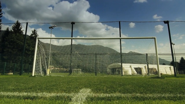 Video Reference N2: Net, Goal, Grass, Fence, Sky, Wire fencing, Chain-link fencing, Mesh, Player, Architecture