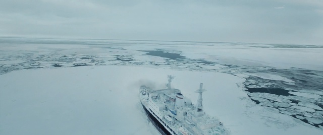 Video Reference N0: Ice, Arctic, Ship, Arctic ocean, Icebreaker, Vehicle, Sea ice, Ocean, Watercraft, Naval architecture, Water, Outdoor, Snow, Man, Standing, Boat, Skiing, Covered, Riding, Large, Wave, Holding, Body, Bird, People, Group, White, Hill, Slope, Nature, Fog