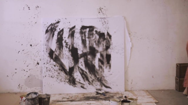 Video Reference N2: Wall, Art, Drawing, Indoor, Dirty, White, Covered, Sitting, Room, Old, Sink, Man, Table, Graffiti, Kitchen, Stove, Standing, Refrigerator, Painting, Sketch, Messy
