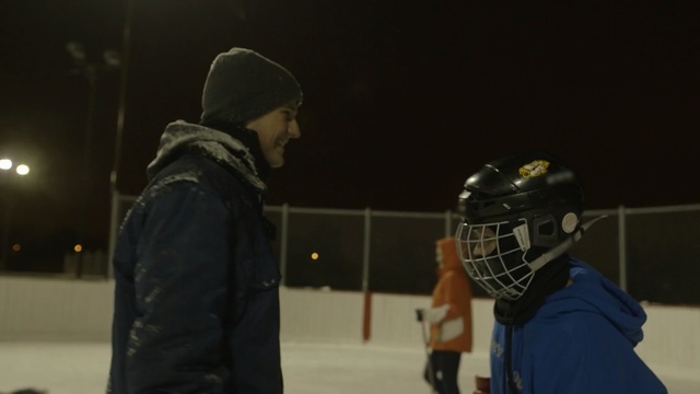 Video Reference N3: night, winter, personal protective equipment, snow, ice, bandy, fun, darkness
