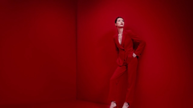 Video Reference N3: Red, Standing, Fashion, Suit, Formal wear, Fashion design, Model, Photography, Room, Fashion model