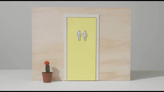 Video Reference N1: Yellow, Wall, Room, Rectangle, Door, Paper product, Paper, Modern art, Wood, Furniture, Person