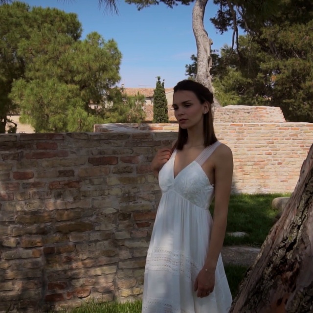Video Reference N3: Photograph, Clothing, Dress, Lady, Gown, Shoulder, Beauty, Wedding dress, Bridal clothing, Long hair, Person, Outdoor, Standing, Holding, Rock, Brick, Grass, Man, White, Young, Woman, Front, Stone, Wearing, Carrying, Posing, Girl, Dressed, Large, Walking, Board, Park, Water, Wedding, Zoo, Umbrella, Tall, Field, Tree, Human face, Bride