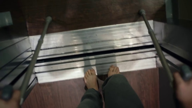 Video Reference N5: Floor, Hardwood, Escalator, Stairs, Flooring, Wood, Table, Steel, Room, Architecture, Person