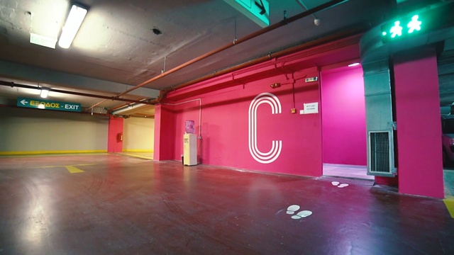 Video Reference N9: Light, Pink, Building, Neon, Room, Floor, Architecture, Ceiling, Flooring, Interior design